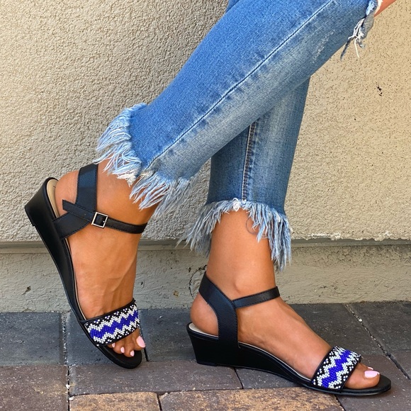 Beads Embellished Ankle Strap Kitten Wedge Sandals - Picture 4 of 11